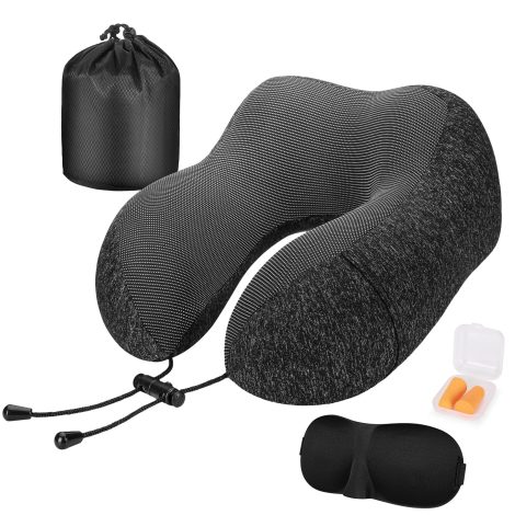 Cuscino da viaggio ergonomico in memory foam, inclusa maschera per dormire, tappi auricolari e borsa nera.