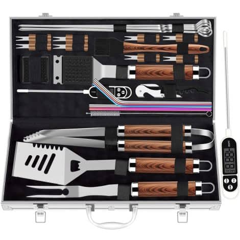 ROMANTICIST, kit di accessori BBQ extra resistenti in acciaio inox per uomini, 26 pezzi, perfetto regalo con custodia marrone.