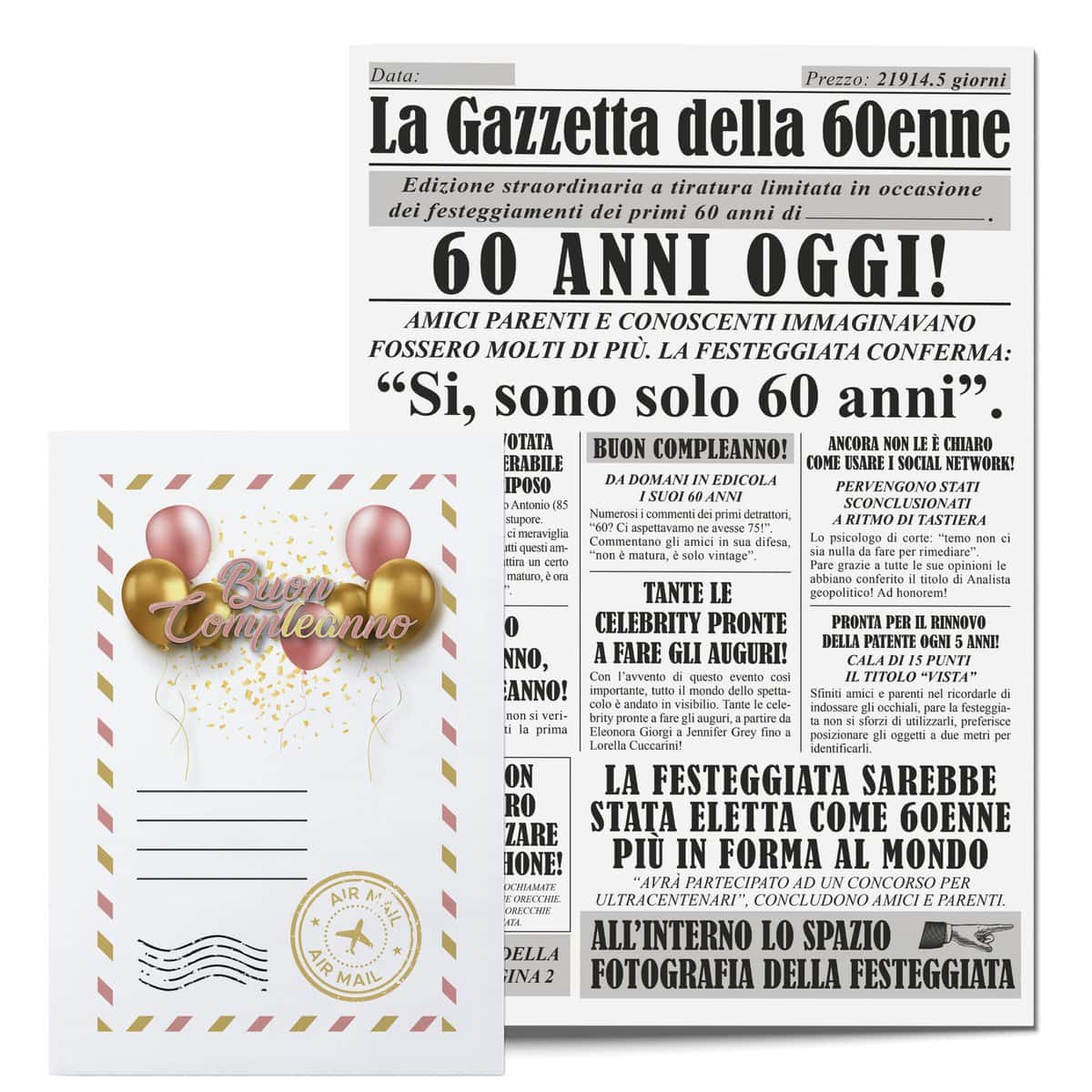 KAÏDENSÏ Idea Regalo Compleanno Donna 60 Anni - Giornale La Gazzetta Della 60 Enne - Maxi Biglietto Auguri Originale - Idee Regali Compleanno Originali - Gadget Scherzi Biglietti Divertenti per Lei