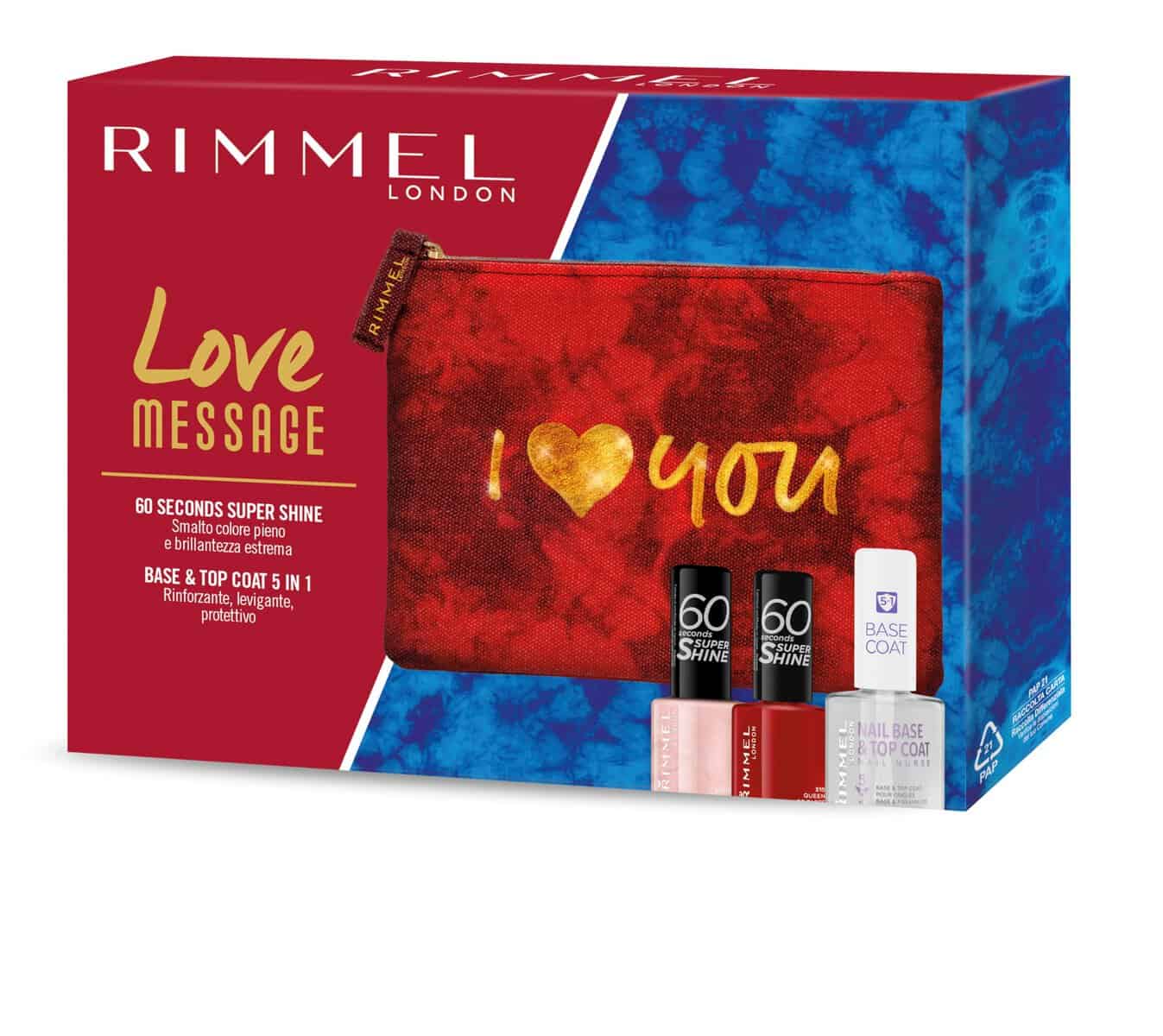 Rimmel London Kit Regalo Donna Love Message, Pochette Small Red con Nail Base & Top Coat 5in1 e Smalto Unghie 60 Seconds Colore 210 Ethereal e 315 Queen of Tarts