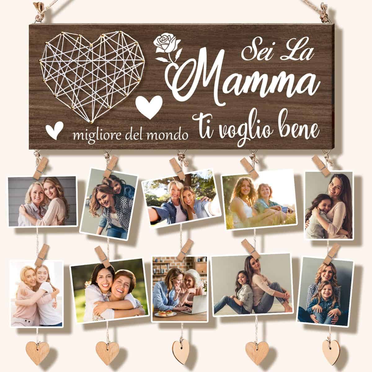 Vetbuosa Regalo Mamma - Regalo Mamma Compleanno - Portafoto da Appendere, con 10 Clip per Foto, Regalo Compleanno Mamma, Regalo di Ringraziamento, Portafoto in Legno