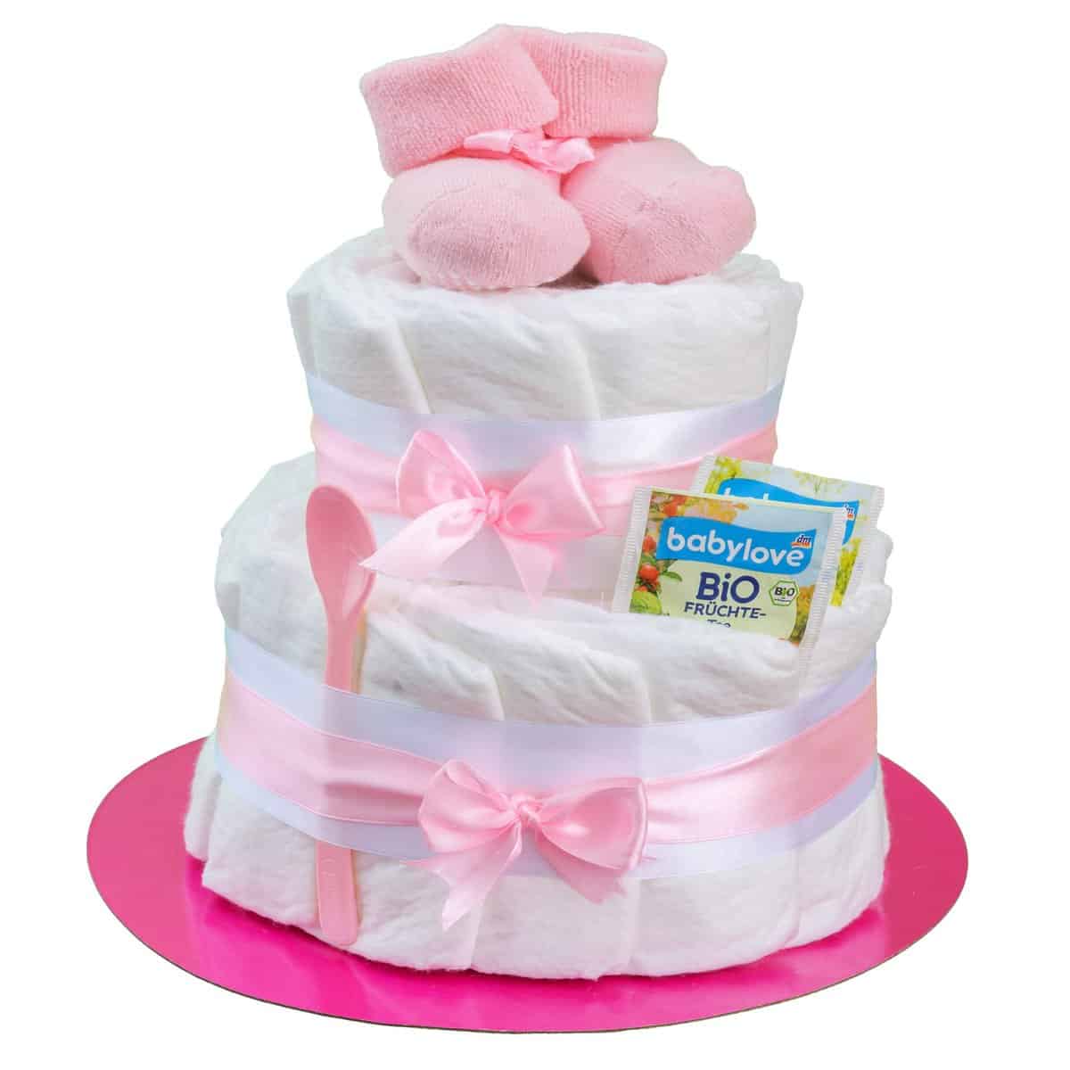 Torta di pannolini a 2 piani in rosa con calzini per neonati, per ragazze, feste di pipì, regali per nascita, battesimo o baby shower, idea regalo con pannolini appena nati, biglietto di auguri