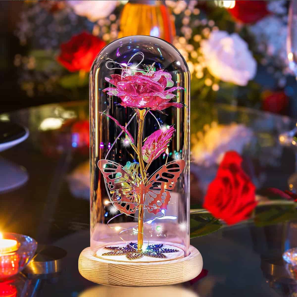 Probuk Rosa Eterna in Cupola Vetro, Galaxy Rose con Luce a LED, Rosa Fiore Artificiale Rosa Regalo, per Donne e Mamma per San Valentino, Natale, Festa della Mamma, Compleanno, Anniversario, ECC