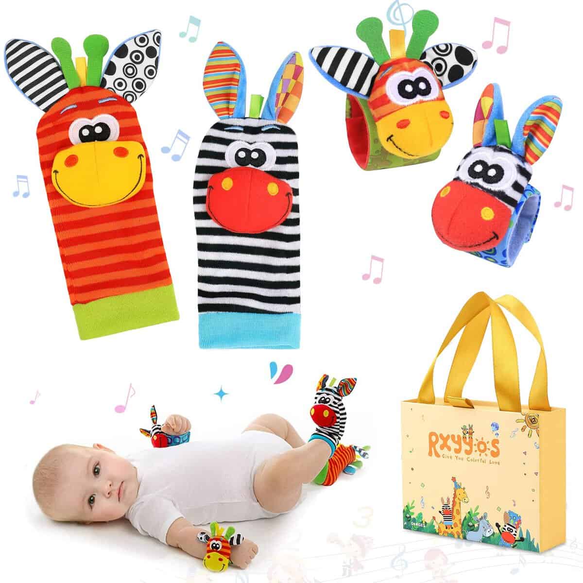 Giochi Neonato Sonagli Sensoriali per Bambini, Calzini da Polso Simpatici Animaletti Developmental Soft Toys Bambole per Neonati Neonato, 4 Pezzi (Colour 1)
