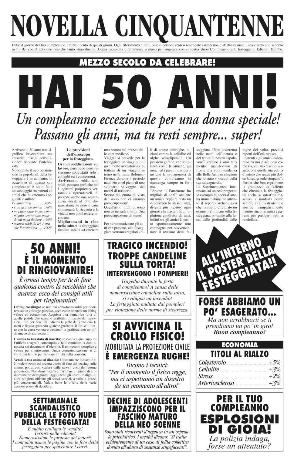 Bombo Biglietto auguri giornale compleanno 50 anni amica