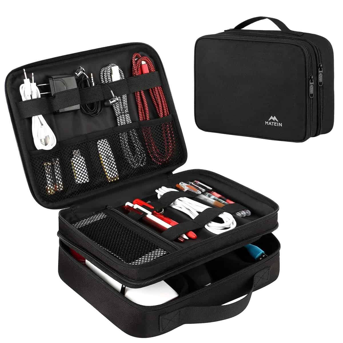 MATEIN Borsa Accessori Elettronici, da Viaggio Custodia Cavi, Organizzatore Grande per Caricatore Portatile, Chiavetta USB, Auricolare, Power Bank, Hard Disk, Scheda SD, 2 Strati, Nero