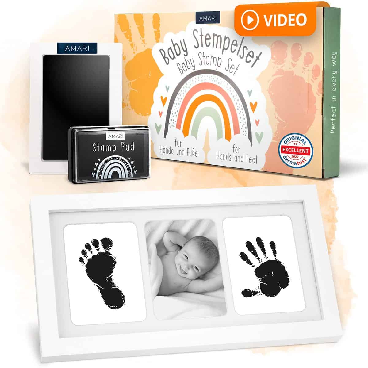 Amari ® Set di impronta di mani e piedi di neonato, inclusi 2 tamponi d'inchiostro e 4 schede di stampa - Regalo per la nascita di un bambino - Impronte di mani e piedi con cornice