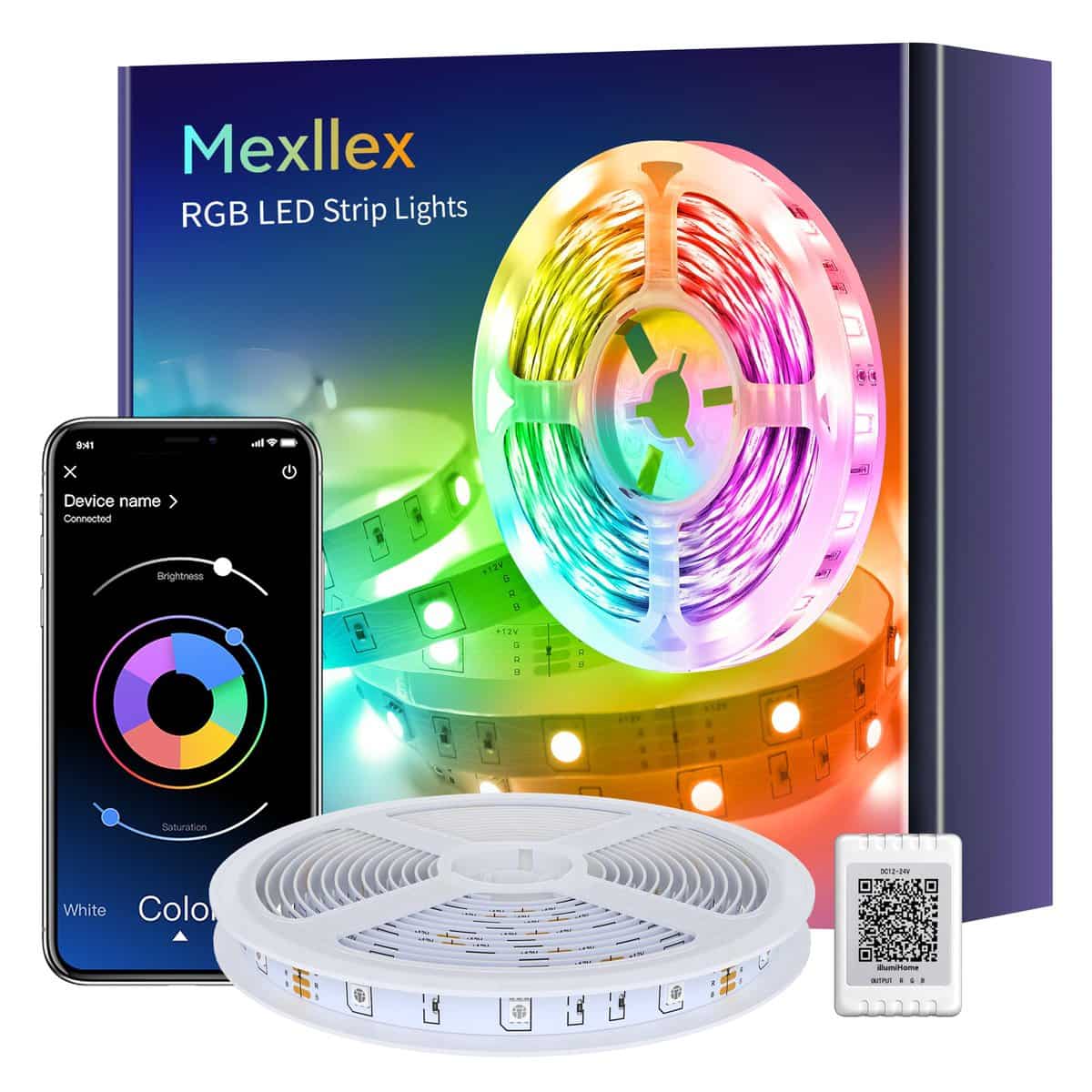 Mexllex Striscia LED RGB da 10 m (1 rotolo), striscia LED RGB con controllo app, striscia luminosa a LED, autoadesiva, con musica, flessibile, per decorazioni natalizie, cucina, feste