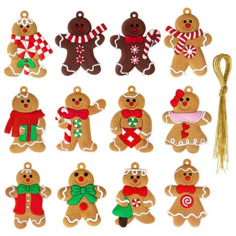 Set di 12 decorazioni Natalizie a forma di Omino Pan di Zenzero in PVC con Spago.