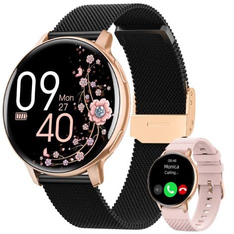 Smartwatch donna con chiamate Bluetooth 5.3, monitoraggio attività fisica, fisiologia femminile e notifiche per Android e iOS.