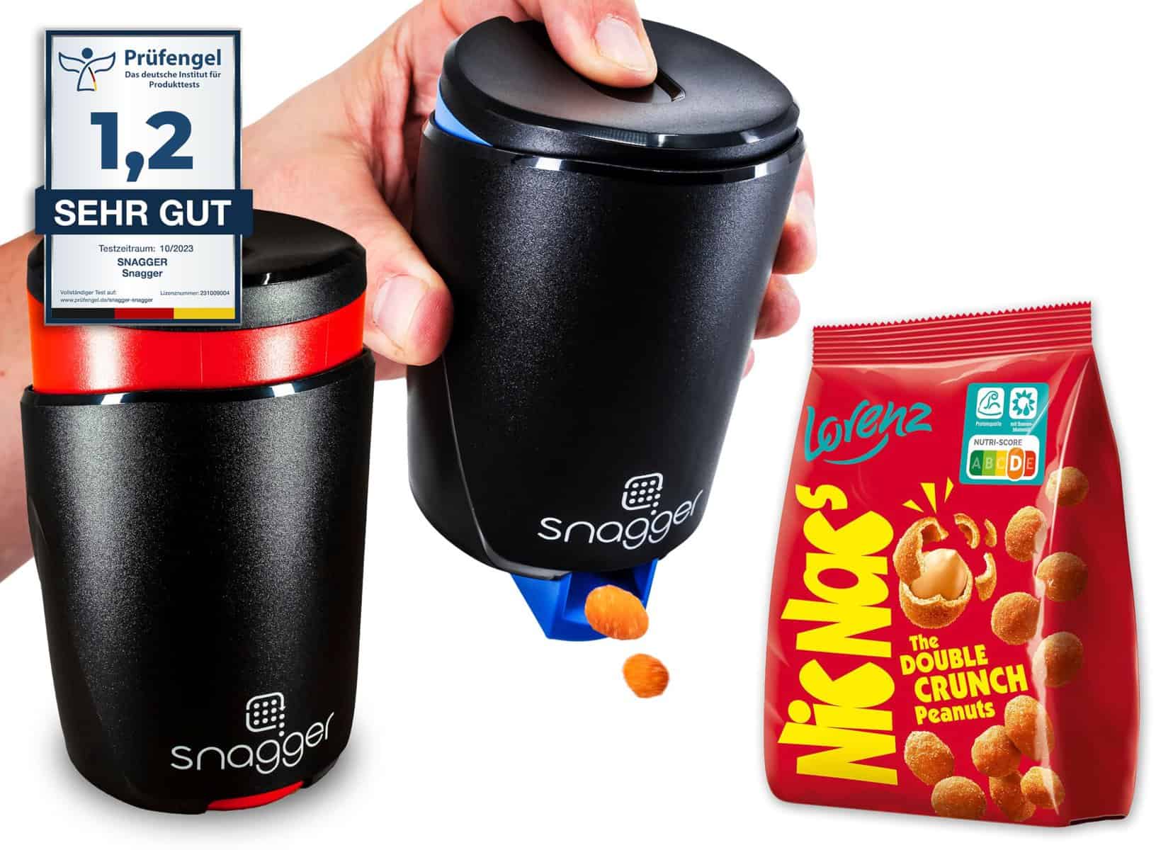 snagger Confezione doppia – Il dispenser per snack,mani pulite quando si spuntino,adatto per arachidi, NicNacs, UVM,gamer, regalo per uomini e donne, dispenser Nicnac,(Confezione doppia Classic)