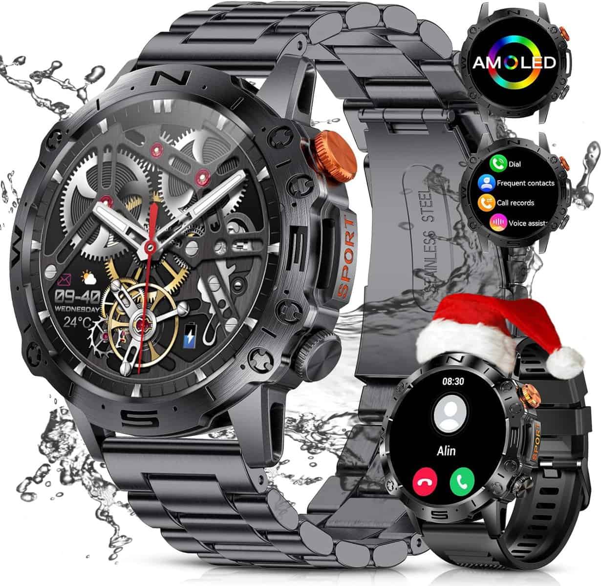 ESFOE Militari Smartwatch Uomo Orologio Chiamata Bluetooth,1.43" AMOLED Fitness Smart Watch Tracker con 126+ modalità Sport IP68 5ATM Étanche Contapassi/Cardiofrequenzimetro/SpO2 per Android iOS