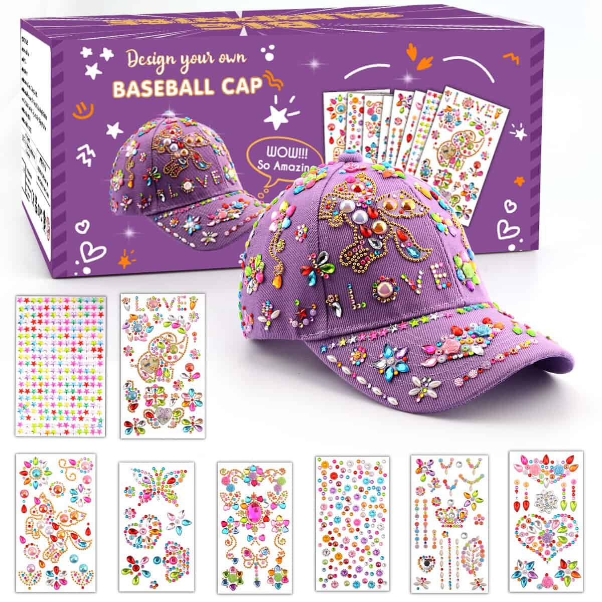 Regalo Bambina 4 5 6 7 8 9 10 11 Anni, Kit Cappellino da Baseball Fai Da Te Ragazze, Idee Regali Bambina Compleanno Ringraziamento Natale, DIY Berretto da Baseball con Gemma Stickers, Regalo Cappello