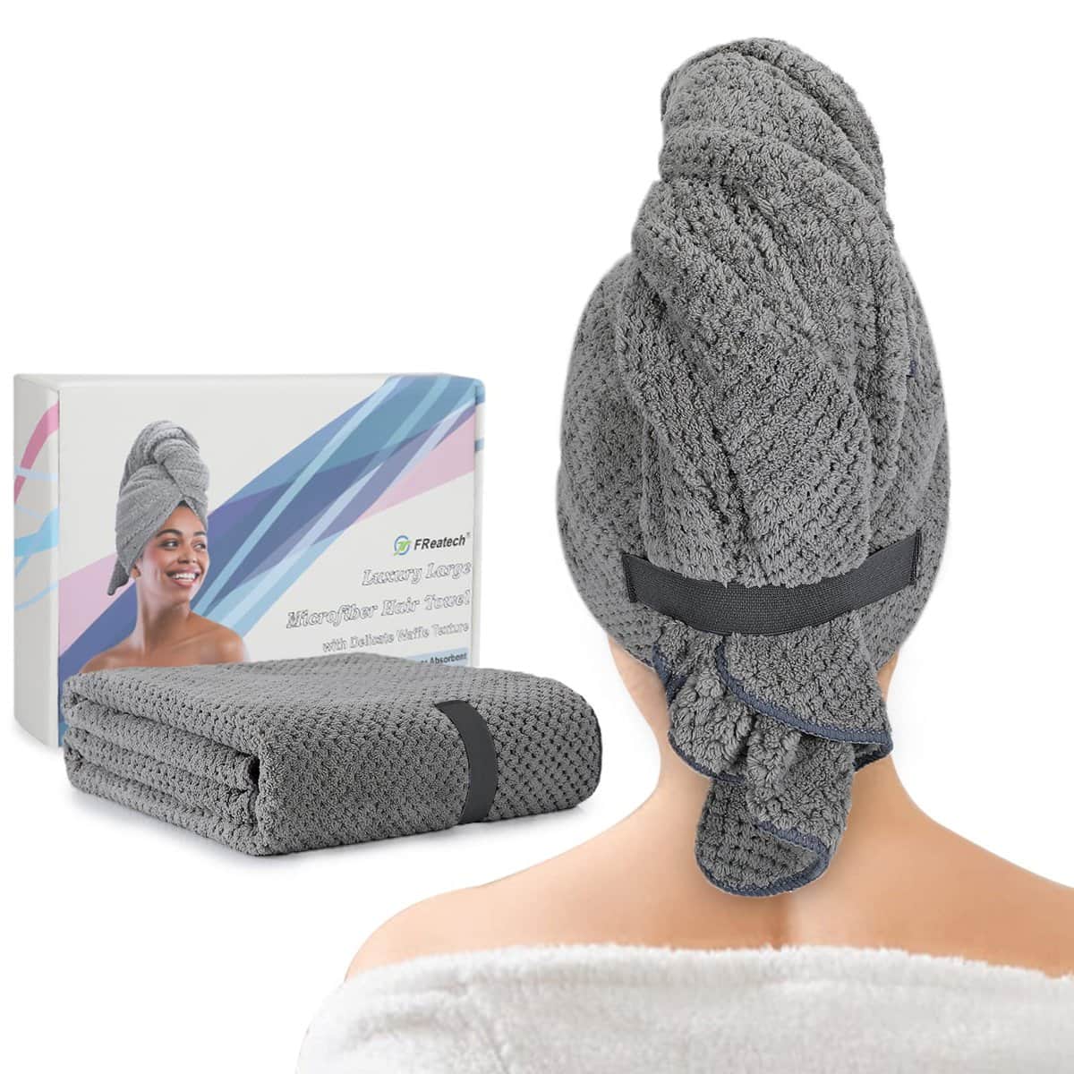 FREATECH Grande Asciugamano per Capelli in Microfibra di Lusso per Donna, Asciugamano Super Morbido Anti Crespo per Asciugare i Capelli con Cinturino Elastico per Capelli Lunghi, Folti, Ricci, Grigio