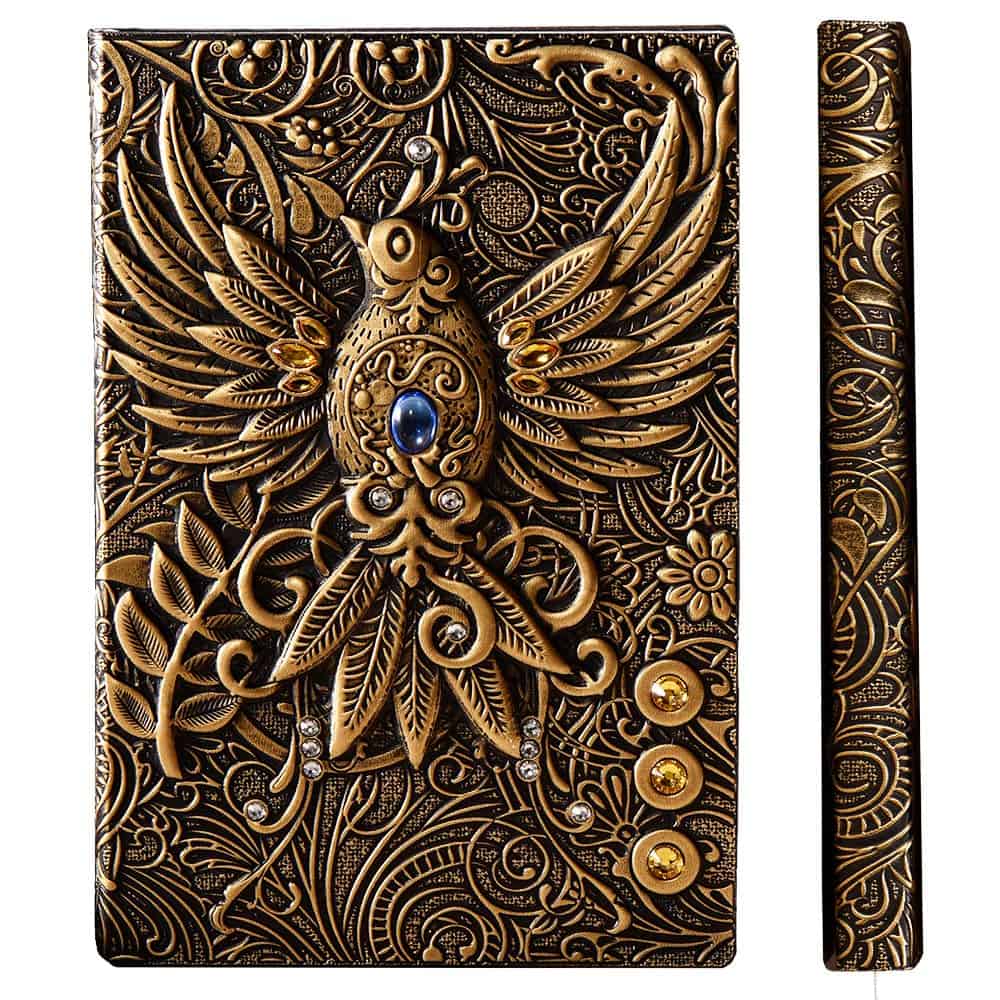 YHH Taccuino Vintage 3d, Taccuino A5 Righe, Diario di Viaggio Copertina Rigida, Pelle Vegan, 200 Pagine, Fatto a Mano, Quaderno Appunti a righe Notebook Lined, Regalo Donna Uomo, Fenice3D Bronzo