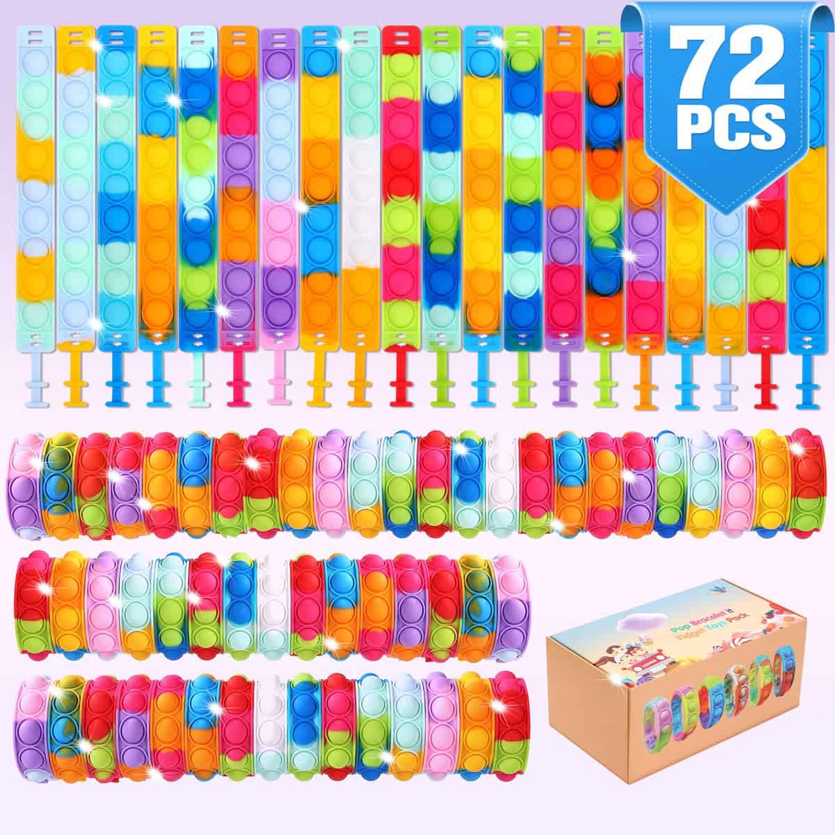 72 braccialetti pop it Fidget Toys Pack, braccialetto Fidget regalo per feste di compleanno, braccialetto di decompressione con autistico e ADHD, braccialetto Fidget come regalo di ritorno per bambini