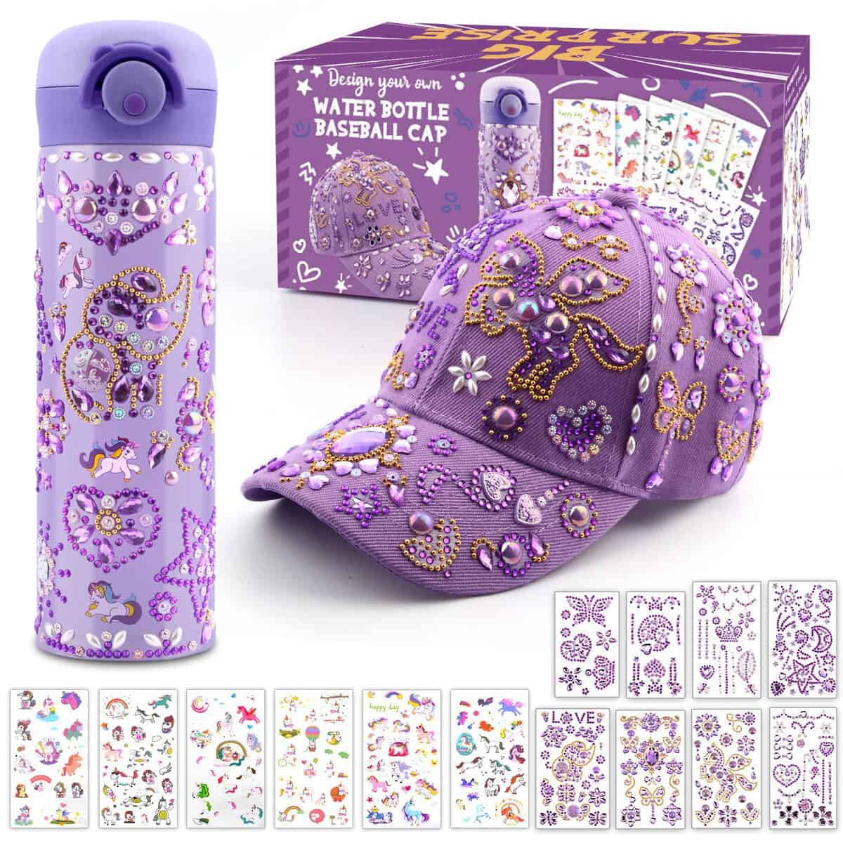 Regalo Bambina 4 5 6 7 8 9 10 11 Anni, Kit Borraccia e Berretto da Baseball Fai Da Te con Gemma e Unicorno Adesivi, Compleanno Natale Regali per Ragazze DIY Bottiglia D'acqua e Cappellino da Baseball