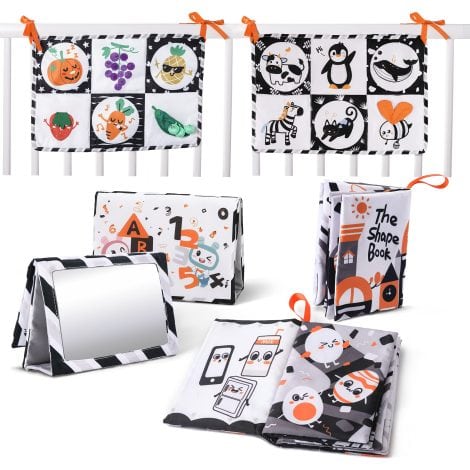 Libro morbido per neonati TUMAMA con specchio, suoni e disegni bianco e nero; regalo perfetto per bambini.