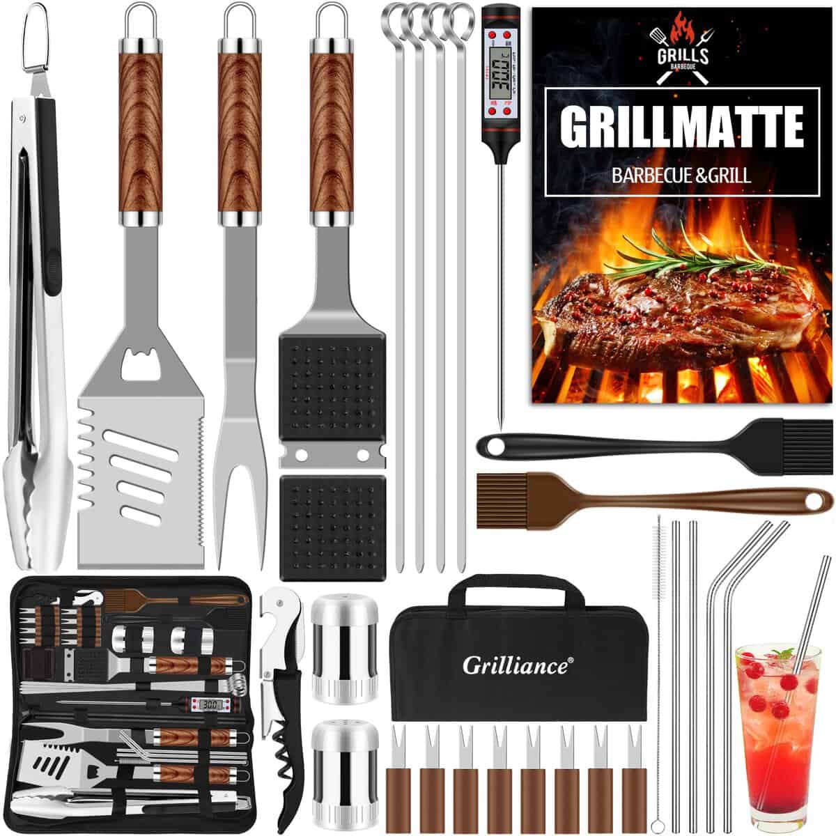 Grilliance Set di 30 posate per barbecue, in acciaio inox di alta qualità, pinza per barbecue, cavatappi, set con valigetta e tappetino per barbecue, per uomini, regalo per campeggio, marrone