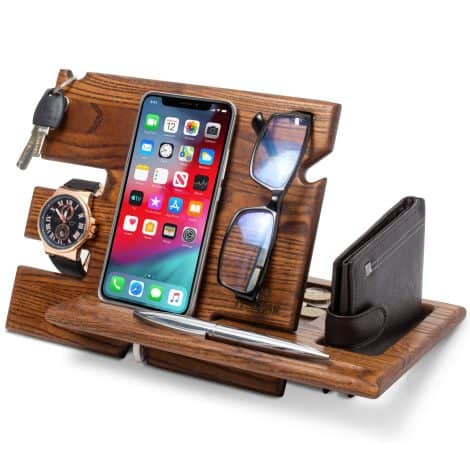 Docking Station in legno per telefono con Svuotatasche e Porta Orologio, Regalo di Natale per uomo.