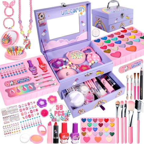 Set di trucchi viola per bambine, sicuro, atossico e lavabile, valigetta con trucchi anallergici perfetti come regalo per compleanni e Natale per bambine dai 4 ai 10 anni.