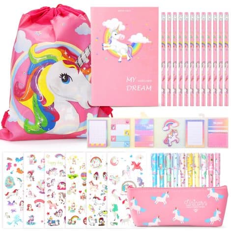 Set regalo Unicorno per ragazze di 6-12 anni, con astuccio, penne colorate, matite, quaderni e adesivi eccezionali (32 pezzi).