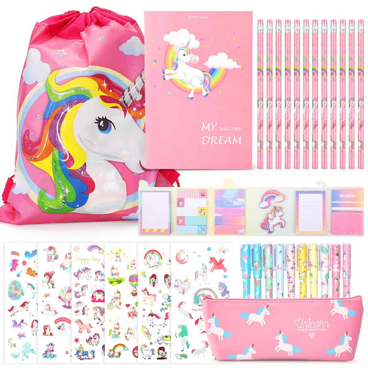 Unicorno Regalo di Cancelleri per Bambina 6 7 8 9 10 11 12 Anni, TOYESS Unicorno Set di Giocattoli per Ragazze, include Astuccio y Penne Colorate y Matite y Quaderni y Adesivi Ecce(32pz)