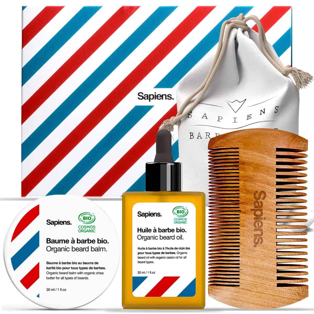 Cofanetto Regalo Uomo Sapiens - Kit da Viaggio Biologico per Cura Barba - Olio Barba Bio 30ml, Balsamo Barba Bio 30ml, Pettine Barba Compatto, Astuccio in tessuto - Regalo di Natale per Uomini