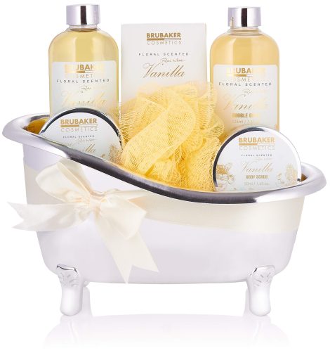 BRUBAKER Set per bagno e doccia vaniglia – Regalo 7 pezzi in vasca decorativa.
