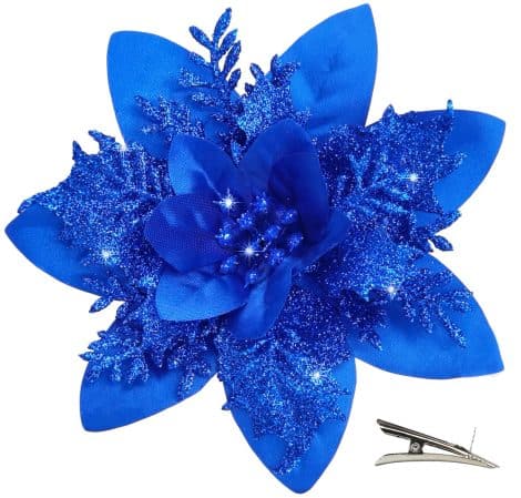 MIKAILE Set da 20 Fiori per Albero di Natale con Clip, 4 Livelli Fiori Natalizi Glitterati, Fiori Artificiali per Ghirlande (Blu)