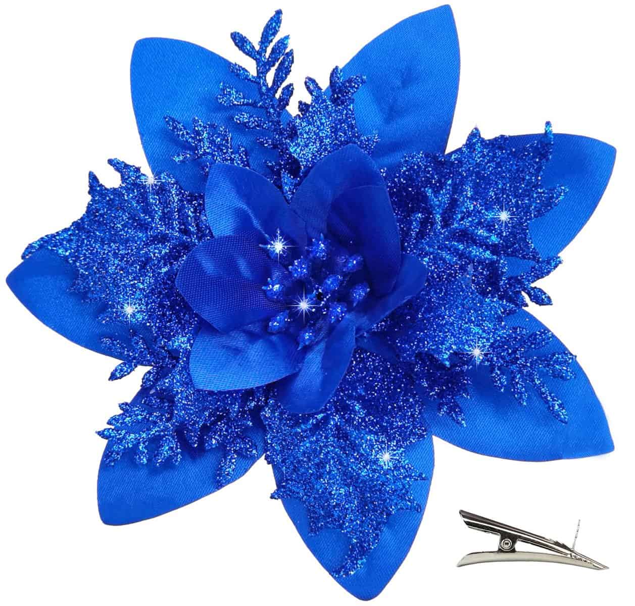 MIKAILE 20 Pezzi Fiori per Albero di Natale con Clip, 4 Piani Fiori Natalizi per Decorazioni con Glitter Polvere, Fiori Artificiali Natalizi, Fiori Finti per Decorazioni Ghirlanda Tenda (Blu)