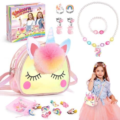 Regalo Unicornetto per Bambina, Peluche e Set di Giochi con Accessori per Capelli. (less than 16 words)