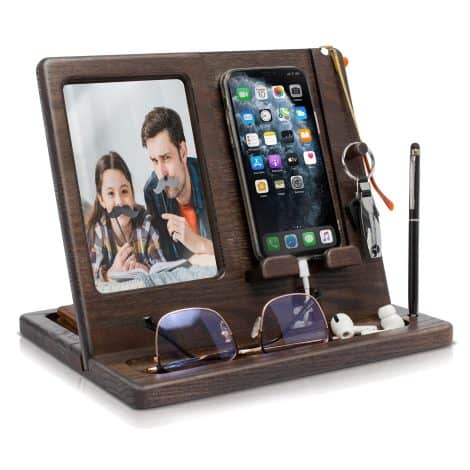 Docking Station in legno multifunzionale per telefono, chiavi, portafoglio, foto 10×15 cm, perfetto come regalo per Natale, anniversario o compleanno.