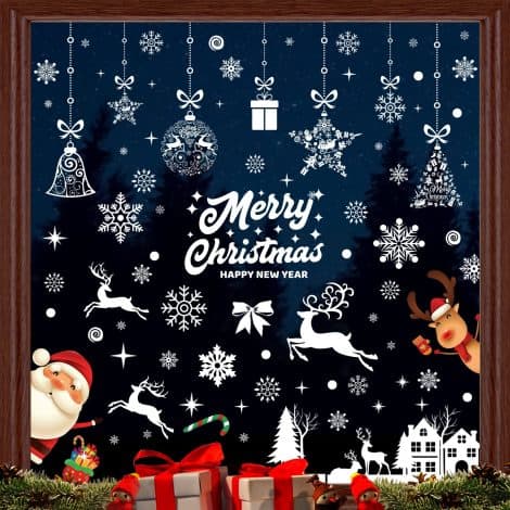 Set di 197 adesivi natalizi per finestre, riutilizzabili, con fiocchi di neve, renne, Babbo Natale, in PVC per decorare il vetro.