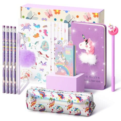 Set di cancelleria con astuccio, penne colorate e diario segreto, perfetto regalo per bambine dai 6 ai 12 anni. Viola.