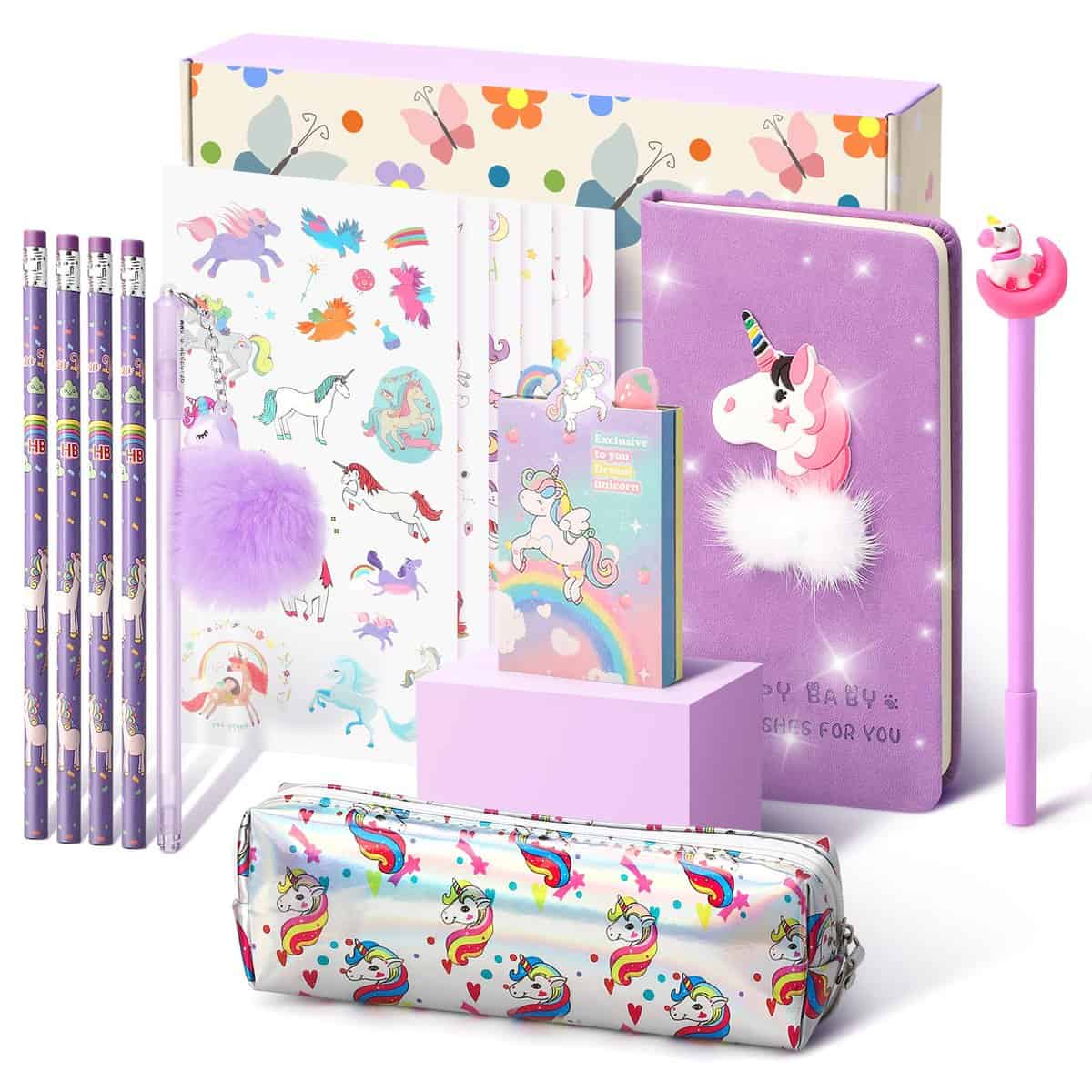 Cooyou Unicorno Bambina Regalo 6 7 8 9 10 11 12 Anni, Set Cancelleria con Astuccio e Penne Colorate e Diario Segreto, Viola
