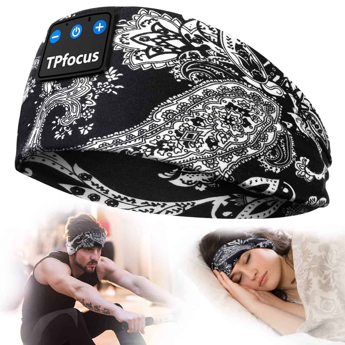 TPfocus Cuffie per Dormire Bluetooth 5.2 Regalo Uomo & Donna,Sleep Headphones Sonno Cuffie Fascia Sportiva, Wireless Ricaricabile Cuffie Bluetooth Dormire per Correre (Stampato in bianco e nero)