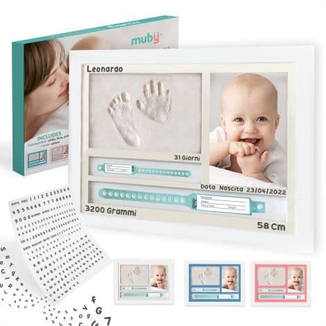 Cornice con impronta mani e piedi neonati e porta bracciali di nascita. Perfetto come regalo per la nascita e il battesimo del bimbo.