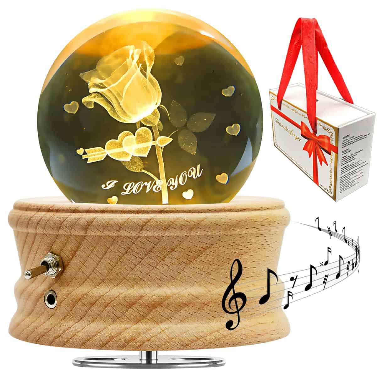 Luce Notturna con Sfera di Cristallo 3D K9, Lampada LED con Carillon in Legno di Faggio, Regali per Donne e Uomini, Compleanno, San Valentino, Festa della Mamma, Natale, Confezione Regalo (Rosa)