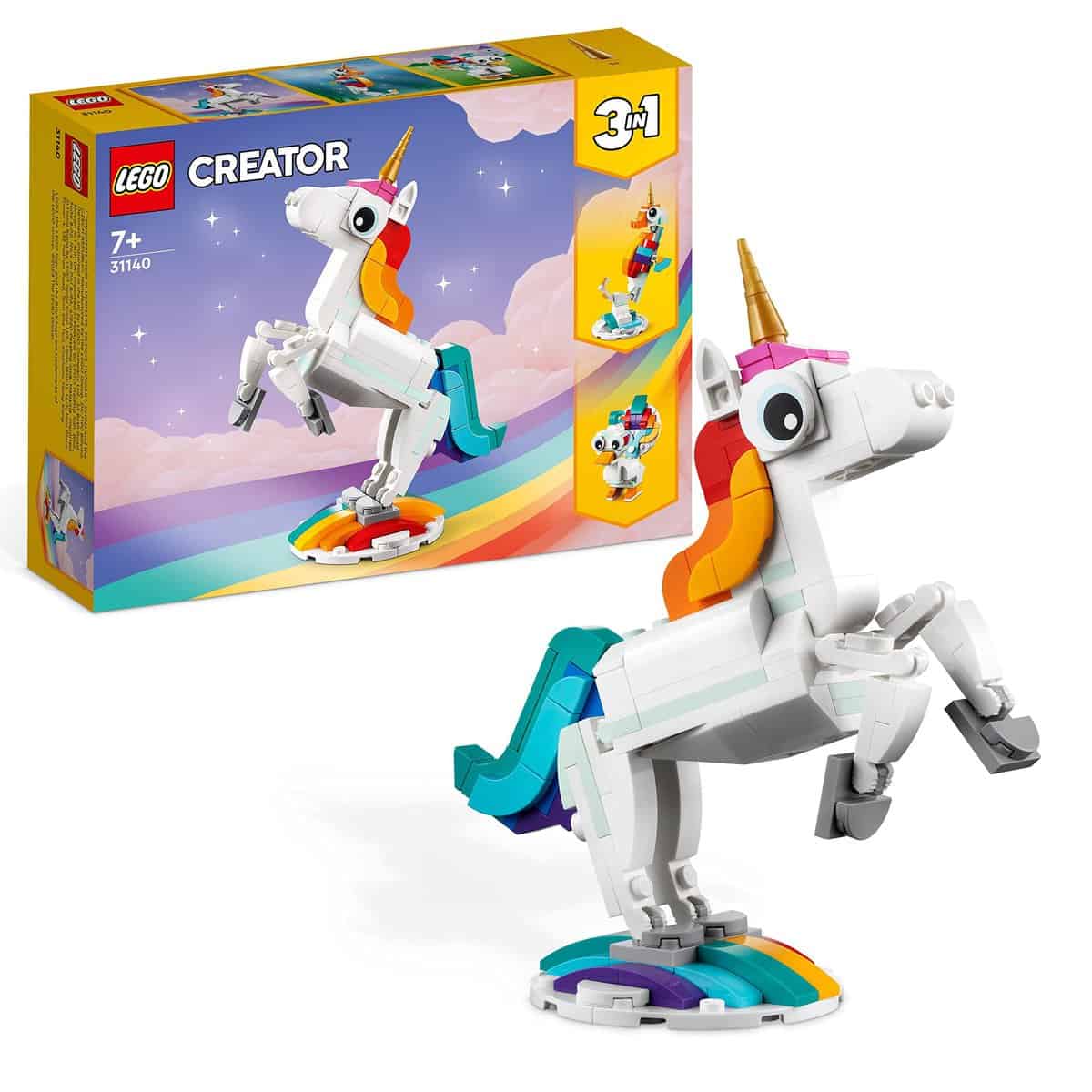 LEGO 31140 Creator Unicorno Magico con Arcobaleno, Idea Regalo di Natale, Set 3 in 1 con Fantastici Animali Giocattolo per Bambini e Bambine, Cavalluccio Marino e Pavone