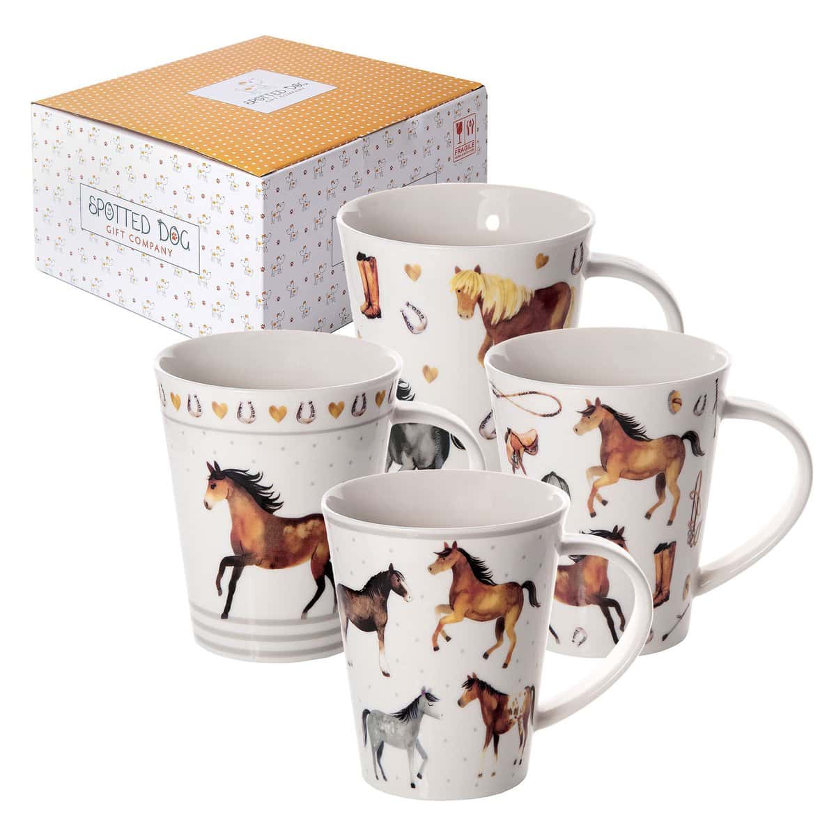 SPOTTED DOG GIFT COMPANY - tazze grandi con motivo di cavalli - per caffè - a colazione - idee regalo - in porcellana - set di 4 tazze