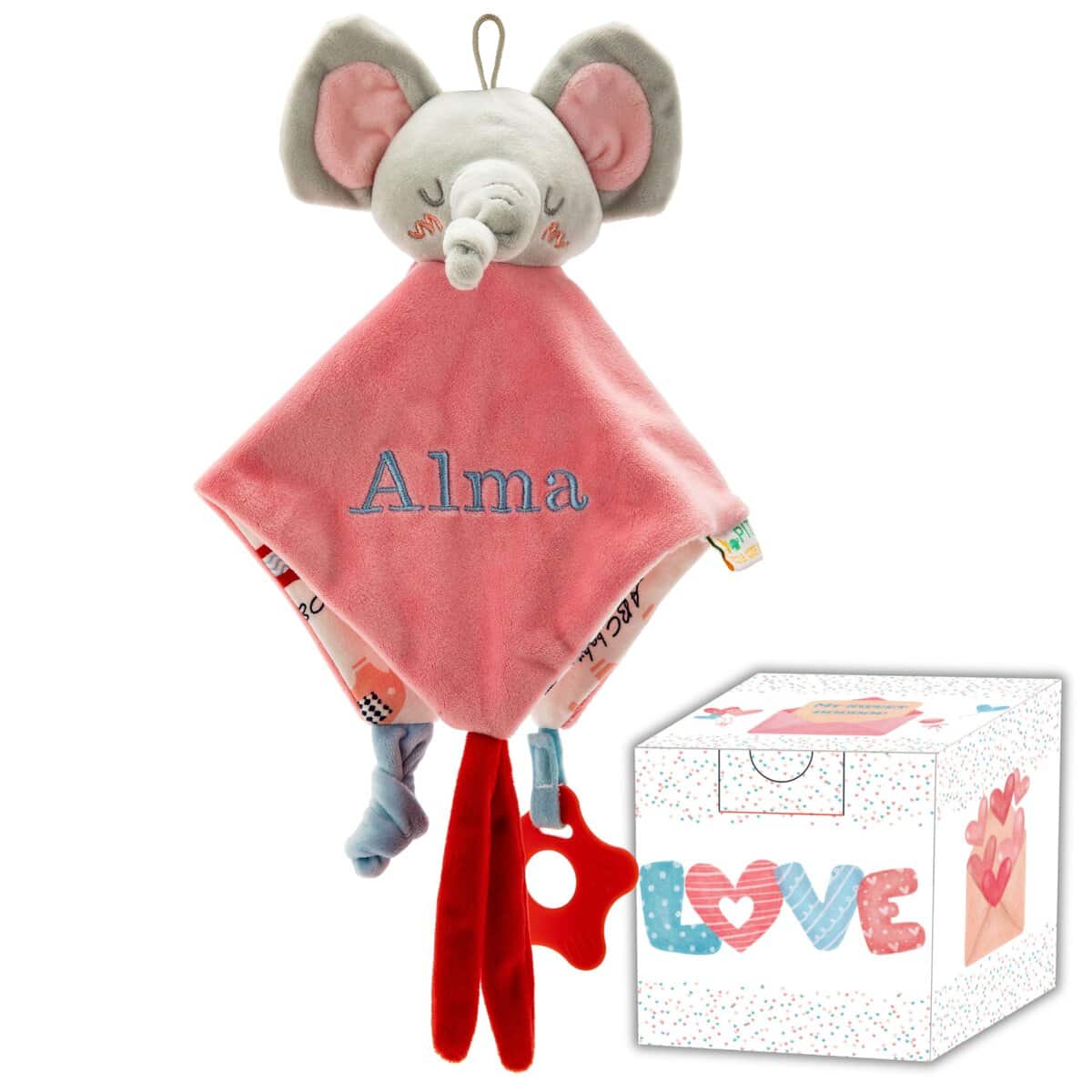 PITI COT Doudou Neonato PERSONALIZZATO con Nome RICAMATO | Idea Regalo Originale - Elefante (rosa)