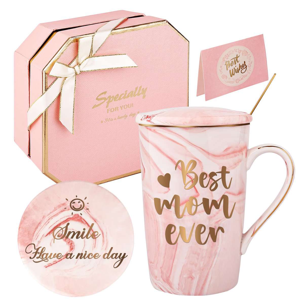 La migliore tazza di mamma mai vista,Regali di compleanno per la mamma,Regali per la festa della mamma,Tazza da caffè in marmo in ceramica Tazza da tè con coperchio,Pacco regalo 420ML (Rosa)