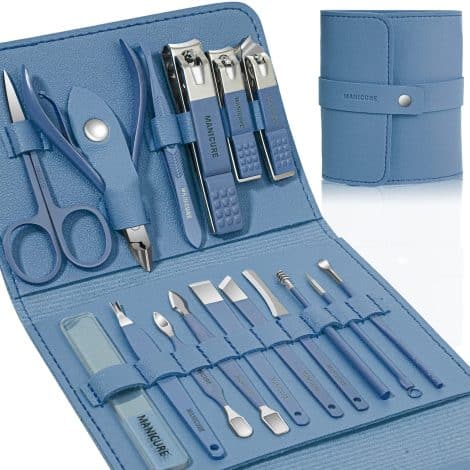 Set completo di 16 pezzi per manicure e pedicure in acciaio inox, con custodia portatile in pelle blu. Ideale come regalo per donne e uomini.