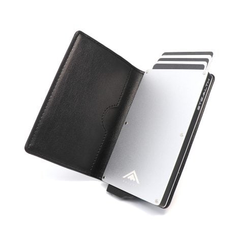 Portafoglio Furtivo – Portafoglio Sottile e Leggero con Protezione RFID/NFC (Alluminio Argento e Pelle Nera)