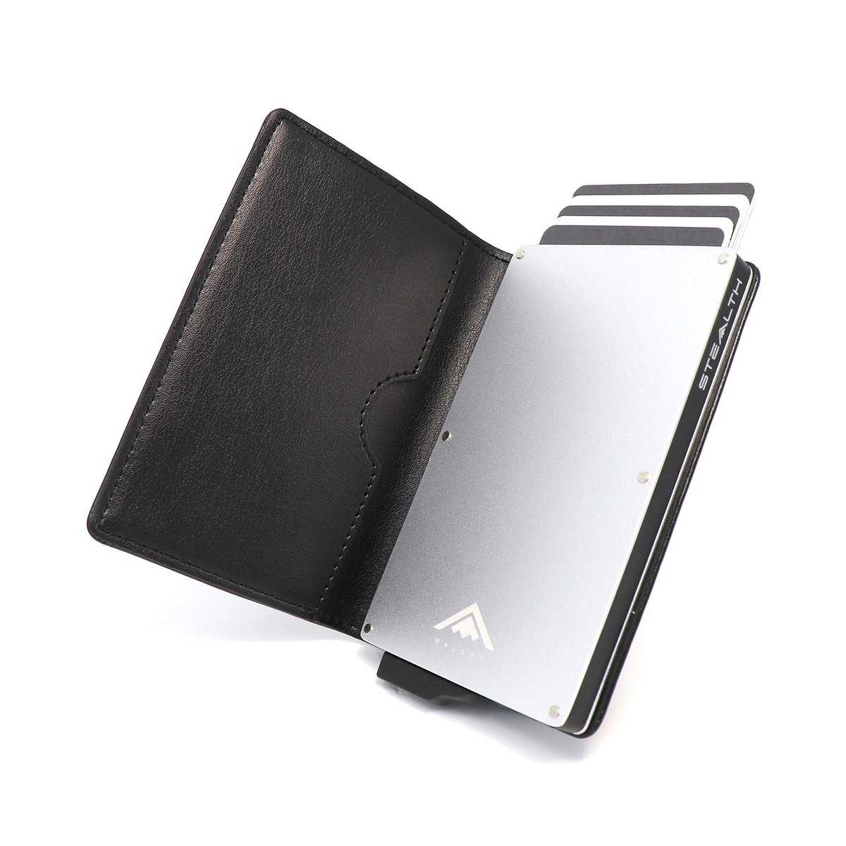 Stealth Wallet - Portafoglio Minimalista con Porta Carte di Credito Pop up - Portafogli Sicuri Sottili e Leggeri con Protezione Anti RFID/NFC (Alluminio Argento con Pelle Nera)