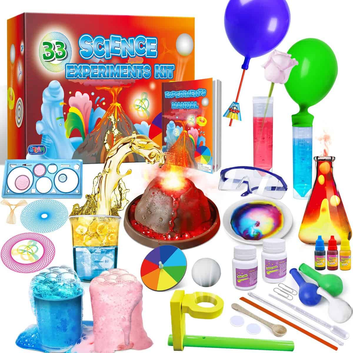 UNGLINGA 33 Esperimenti Kit Scienza per Bambini Età 4-6-8-10, Progetto Scienza Giocattoli STEM per Ragazzi Ragazze Apprendimento Regali Educativi per 4 5 6 7 8 9 10 Anni, Set di Chimica, Vulcano