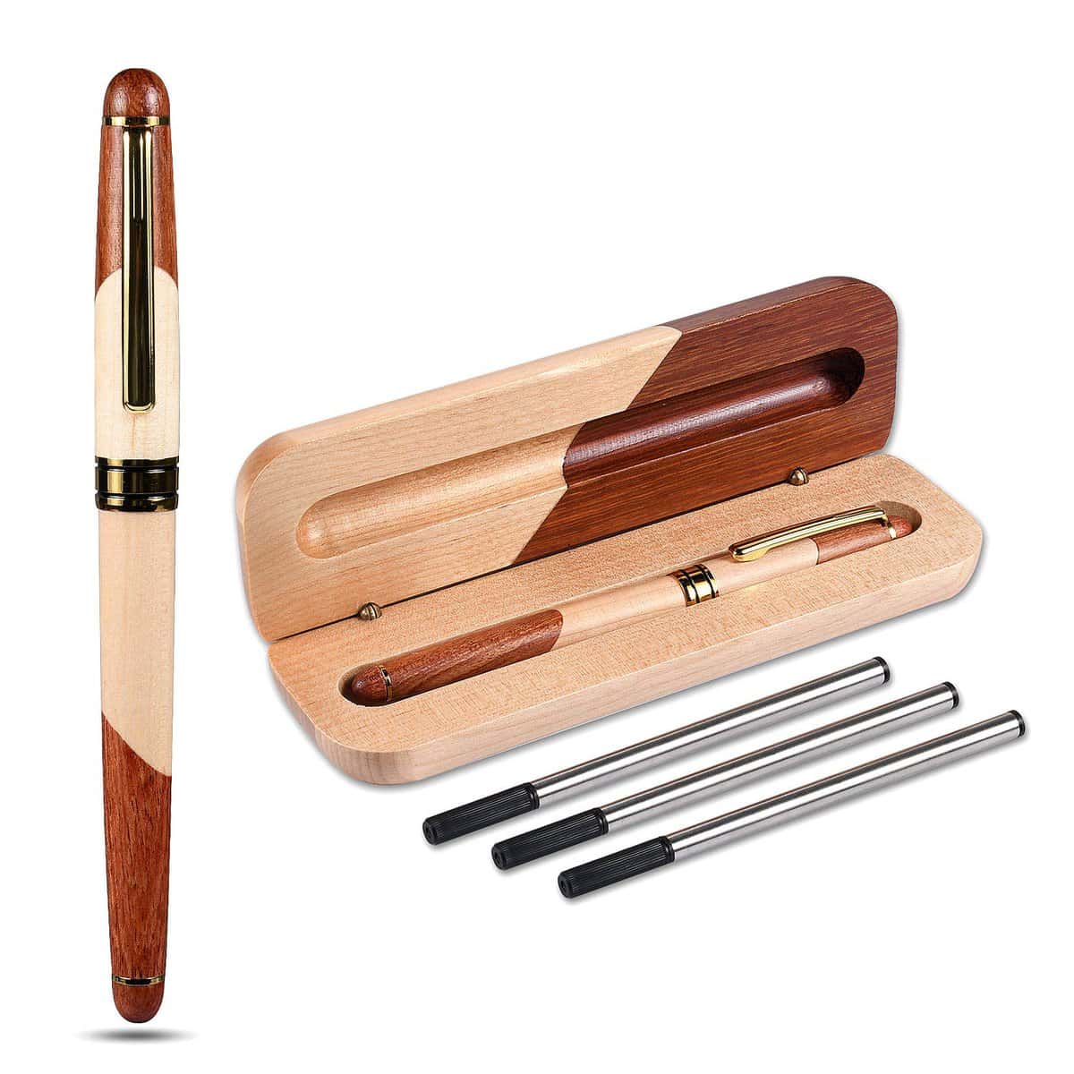 Funmo Penna a sfera, Penna a sfera in legno di sequoia,Penna a sfera regalo,Penna a Sfera Nero+3 black ink refills,Bambù Penna a Sfera,set di penne regalo elegante per Apporre Firme o per Uso Aziendale