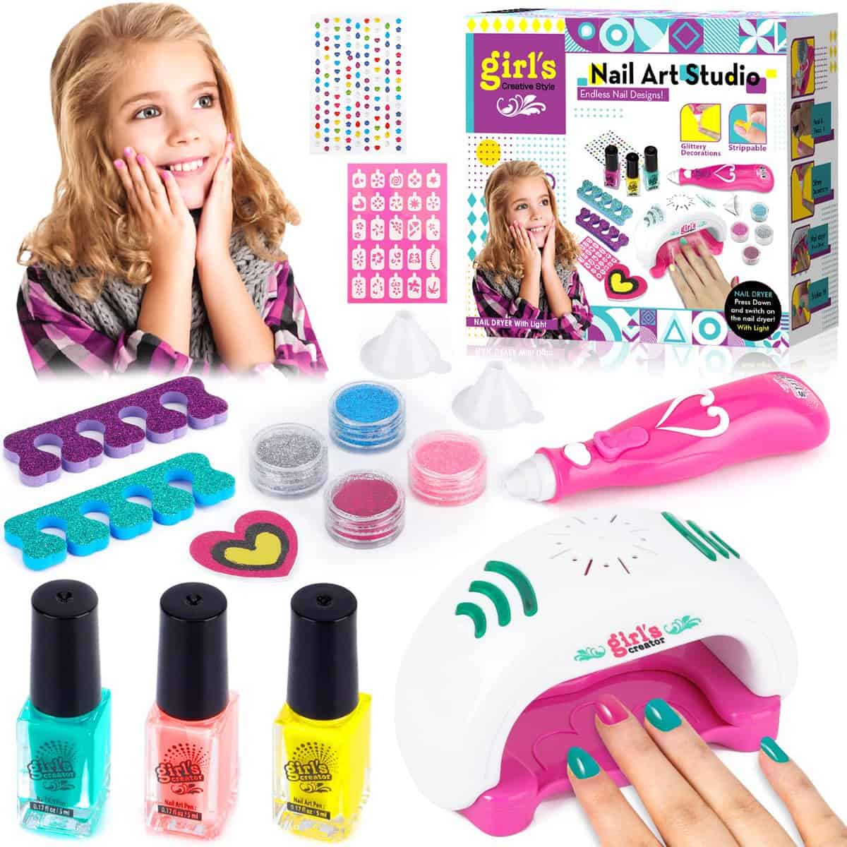 Purpledi Kit Gioco Per Unghie Bambina, Giochi Trucchi Lavabile, con l'asciugatrice Di Smalti Ragazza 6 7 8 9 10 Anni Set