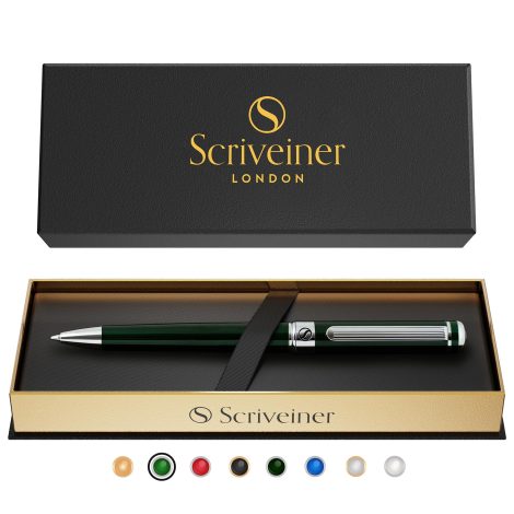 Set di penne a sfera di lusso Scriveiner, colore verde scuro, con finitura cromata. Perfetto per uso professionale.